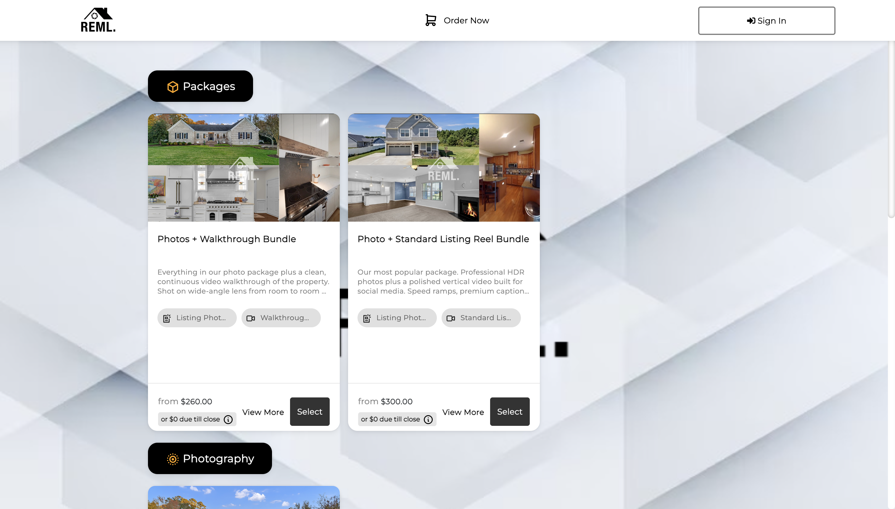 Spiro packages page showing Photos plus Walkthrough Bundle and Photo plus Standard Listing Reel Bundle