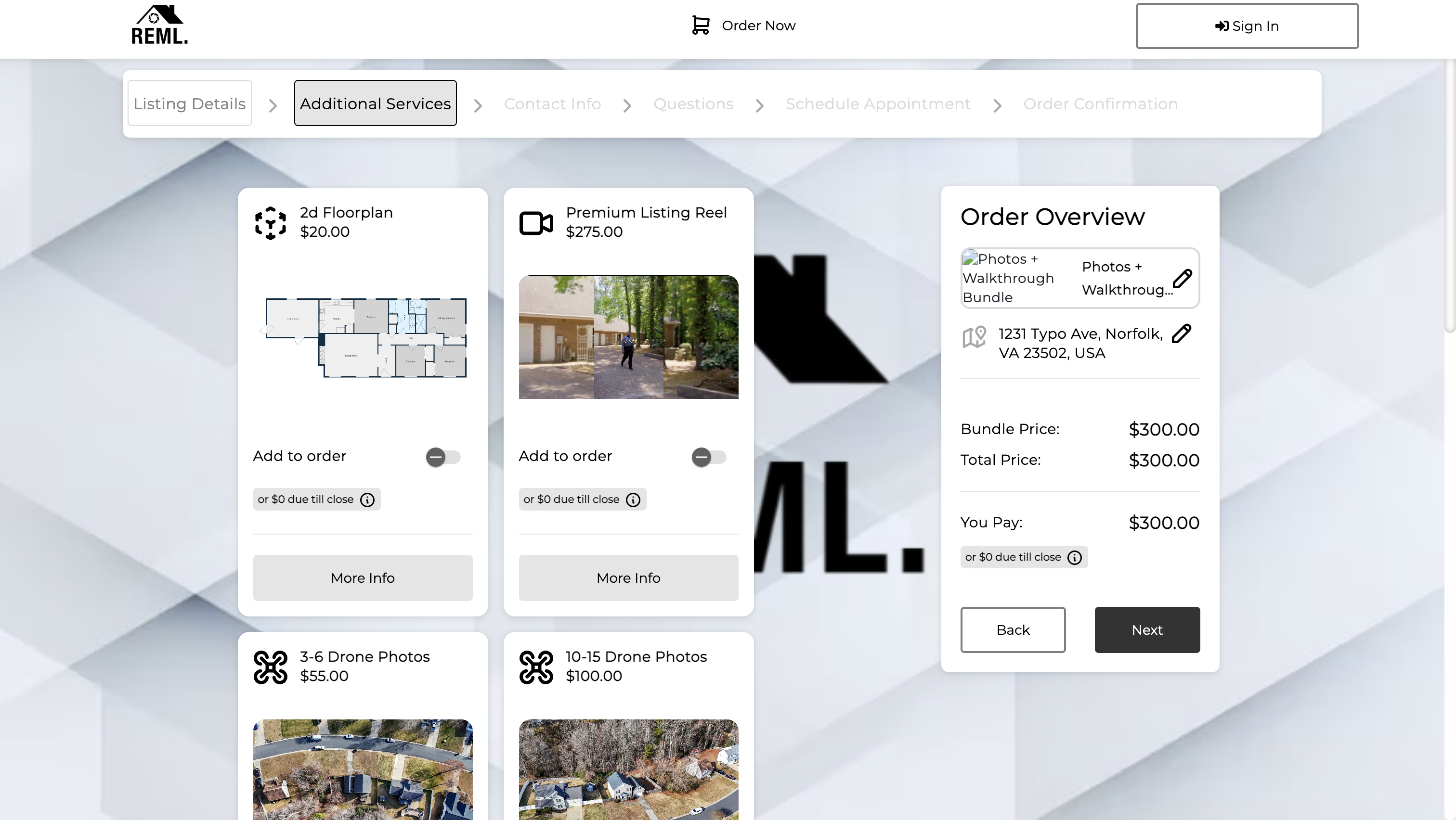 Spiro additional services page showing 2d Floorplan, Premium Listing Reel, and Drone Photo options