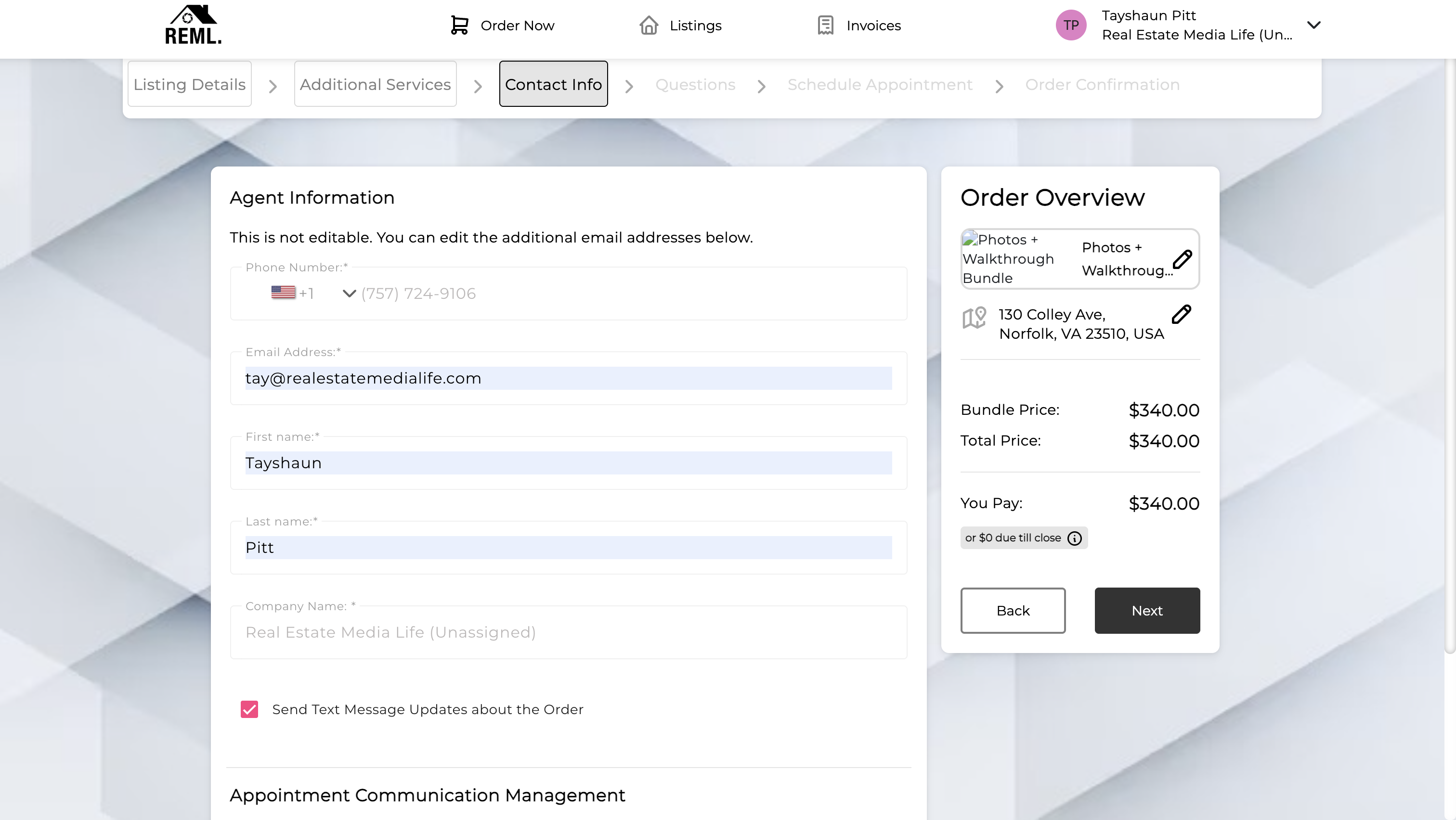 Contact Info page showing agent information, phone, email, name, and SMS opt-in