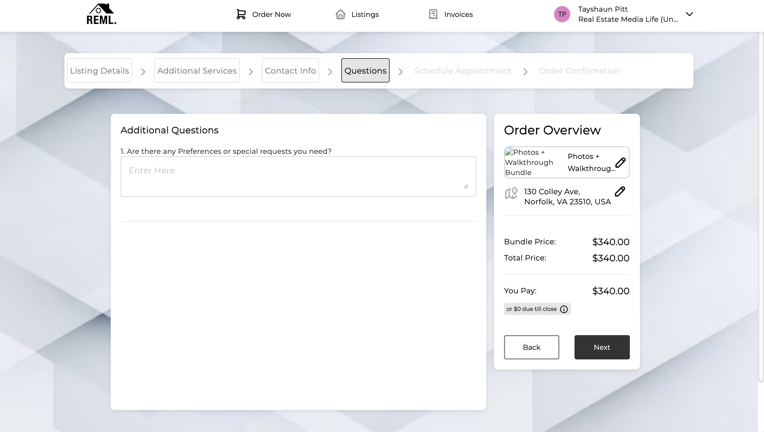 Additional Questions page asking about preferences or special requests