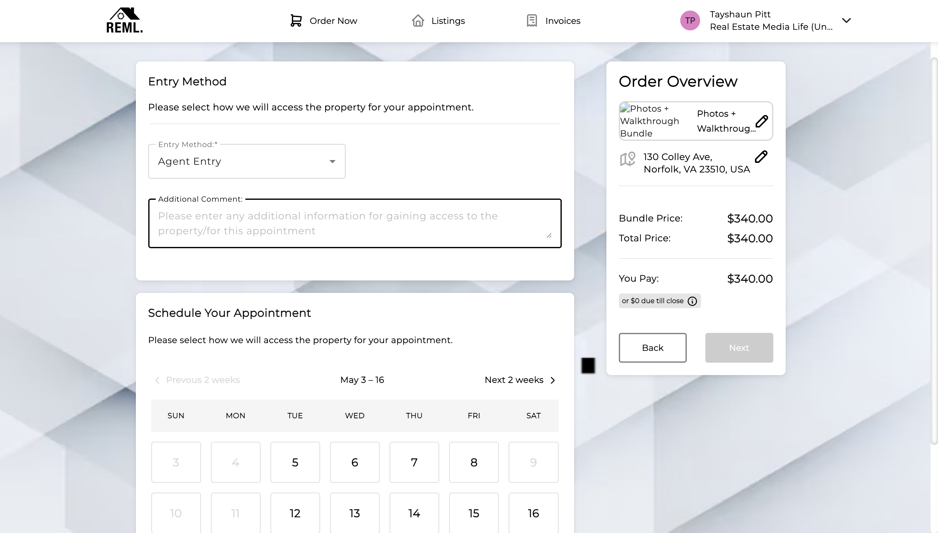 Entry Method dropdown set to Agent Entry, plus calendar showing dates to schedule appointment