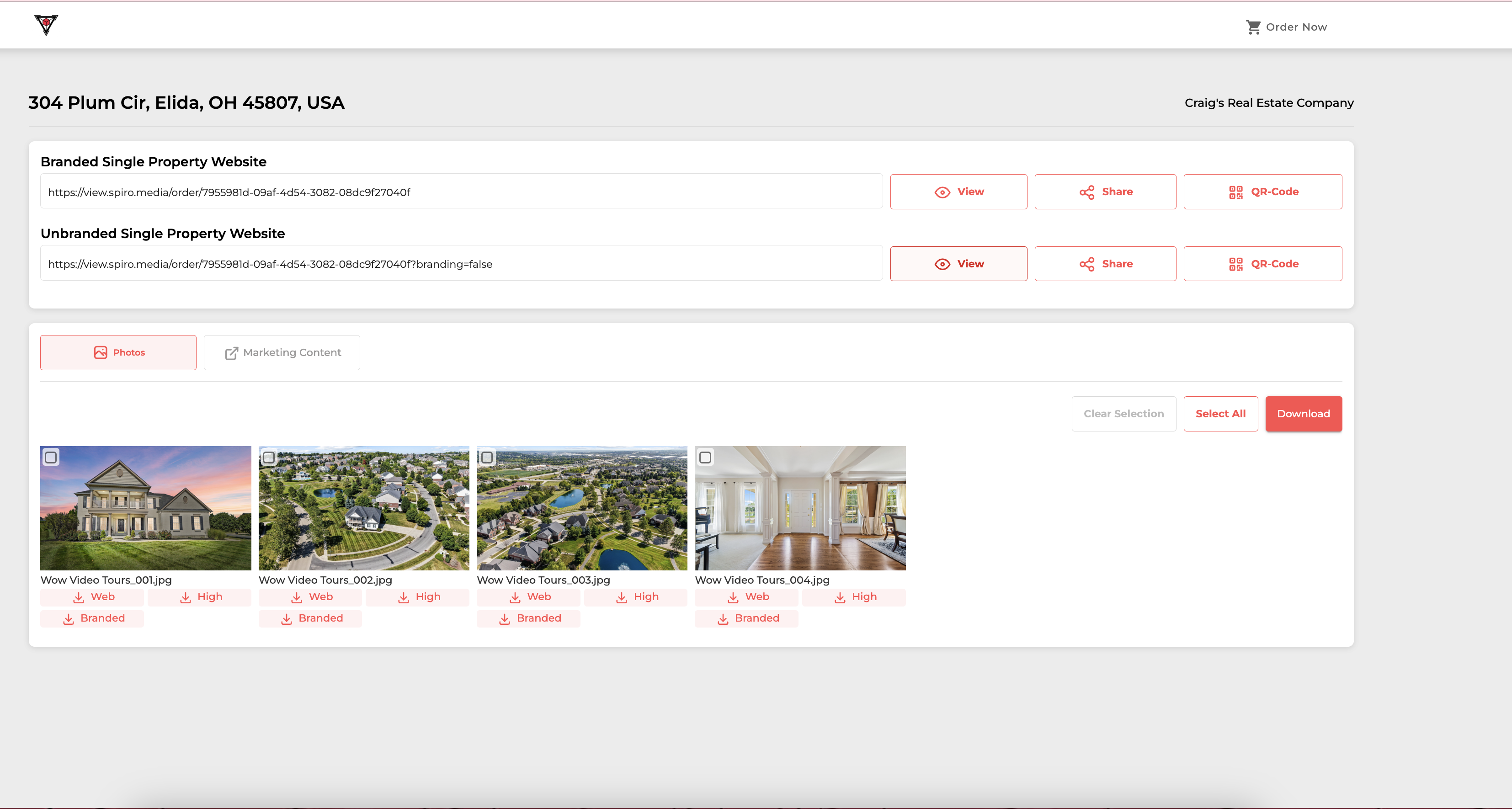 Spiro download page showing branded/unbranded property websites and media gallery