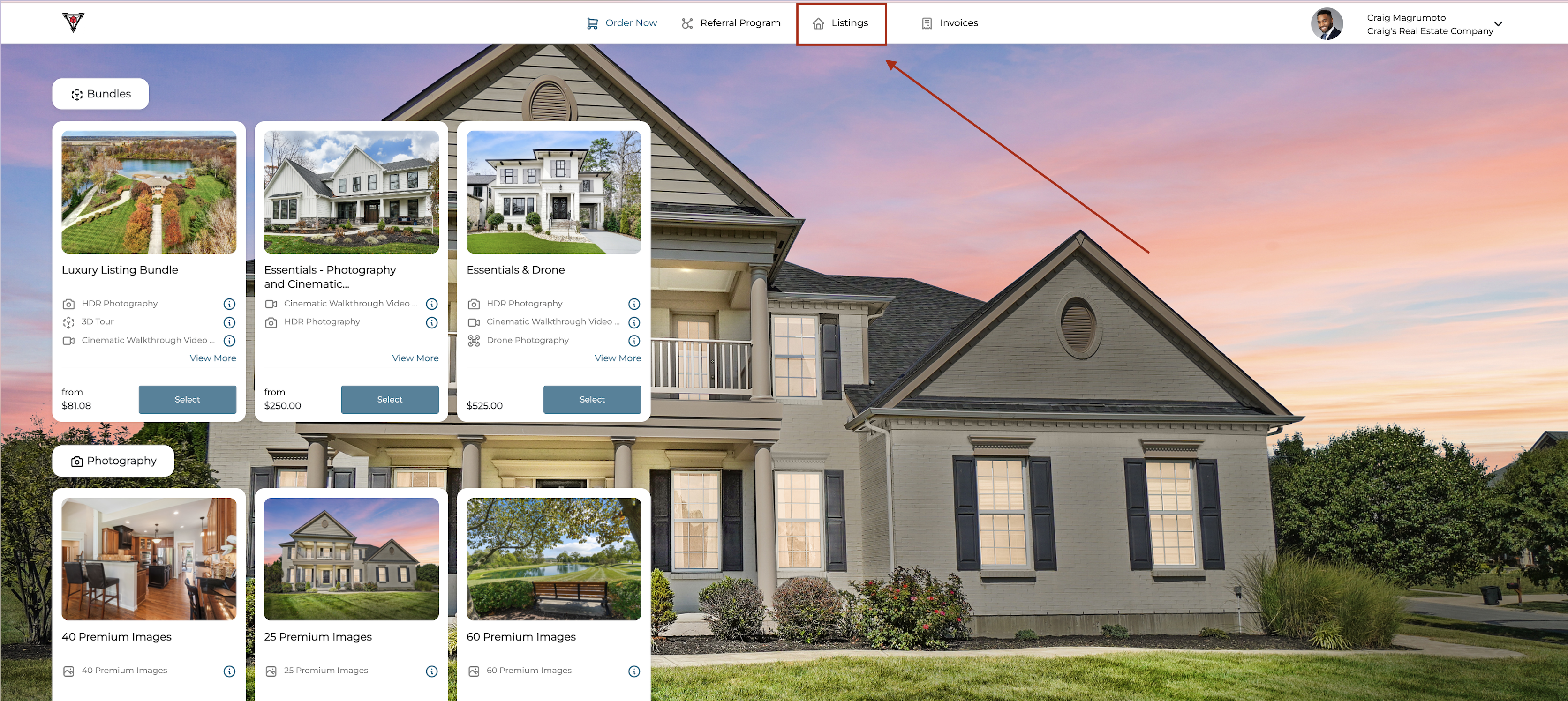 Spiro account page showing Listings tab in top navigation