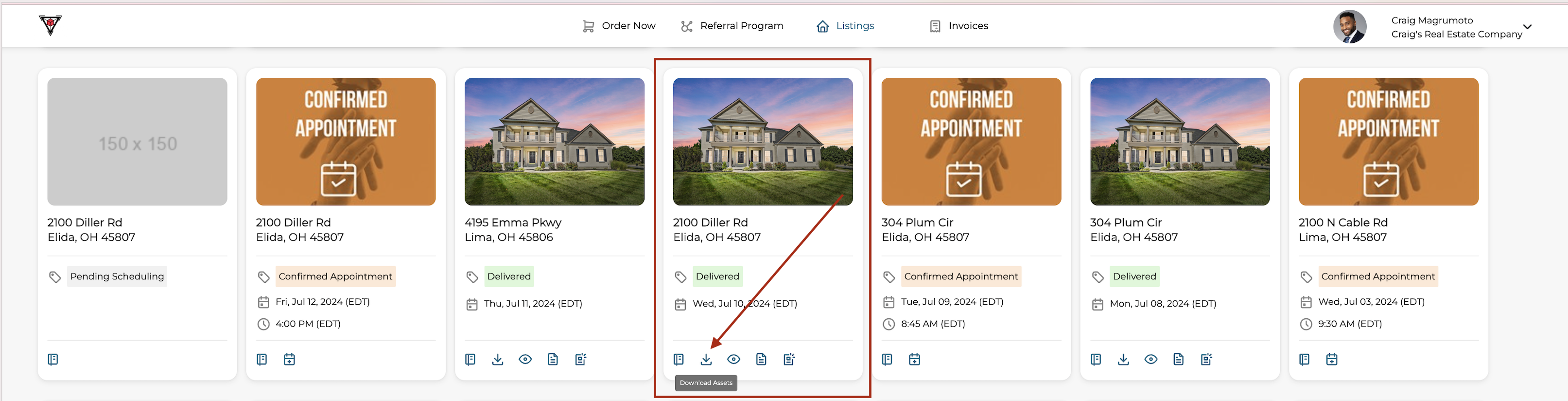 Spiro listings grid showing listing cards with download icons